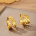 Exaggerated golden stainless steel feather and palm leaf open rings with matte finish - Gold Feather Leaf Style (C9865)