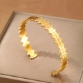 Golden titanium steel geometric cuff bracelet with grid texture and beaded edge design - Gold (F2895)