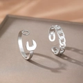 Detail of silver wrench and chain linked rings set with adjustable open band design - Silver Wrench Chain Set (C7136)