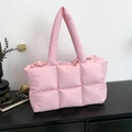 Quilted down-filled tote bag in soft pink with large square pattern and soft handles - Pink