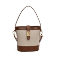 Bolso tipo cubo retro de lona y cuero marrón con cierre giratorio dorado y correa ajustable - Caqui & Marrón