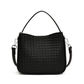 Elegant black woven leather tote bag with silver hardware and detachable strap - Black