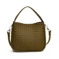 Deep olive green woven leather tote bag with adjustable shoulder strap and silver hardware - Green