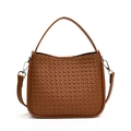 Brown woven crossbody handbag with a smooth top handle and silver metal hardware accents - Brown