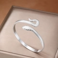 Adjustable silver snake bangle with engraved scale texture in minimalist wrap design - Silver (F3028)