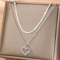 Silver layered 18K gold plated necklace with hollow heart zircon pendant on display box - Silver (F1328)
