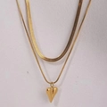 Minimalist double layer gold plated stainless steel snake chain necklace with heart pendant - Gold Style (F3407)