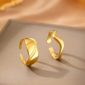 Minimalist adjustable gold stainless steel rings with fluid wave design and polished finish - Gold Wave Style (F753)