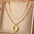 Golden double-layered snake chain necklace with hollowed heart and angel wings pendant - Gold (C6231)