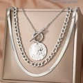 Ensemble de colliers triple couche en acier inoxydable avec pendentif rond martelé pour homme - Style à Étages Argenté (C9390)