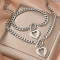 Set gioielli in acciaio inox argento con ciondolo a cuore e chiusura a barra a T - Stile Argentato (F170)