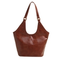 Caramel brown vintage tote bag with geometric stitching and gold buckles on white background - Brown
