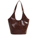Dark brown patchwork leather tote bag with glossy finish and gold metal hardware - Brown