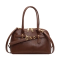 Deep brown matte leather handbag with golden hardware and adjustable shoulder strap - Brown
