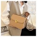 Classic khaki PU leather crossbody square bag featuring elegant golden metal buckle clasp - Khaki