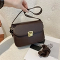 Retro dark brown crossbody square bag with a gold metal clasp and matte leather finish - Coffee