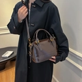 Dark brown oil wax leather Boston handbag with gold hardware and adjustable strap - Coffee