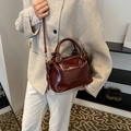 Deep wine red wax leather Boston bag with vintage gold hardware and crossbody strap - Red
