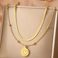 Double-layered gold necklace with flat snake chain and heart-embossed round pendant - Round Heart (C6233) / Gold