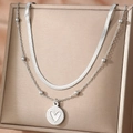 Silver double layer necklace with heart round pendant and snake chain on display - Round Heart (C6234) / Silver