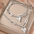 Set collana e bracciale in acciaio inossidabile argento con ciondolo a cuore bombato - Argento (F1152)