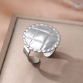 Silver stainless steel open ring with diamond lattice texture and beaded edge design - Silver Quilted Style (C9666)