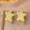 Minimalist gold star stud earrings with hammered liquid metal texture and steel pins - Gold Hammered Sea Star Style (F2305)