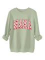 Detail of sage green sweatshirt with MAMA text filled with red and pink heart patterns - Olive Green