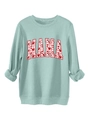 Detail of mint green sweatshirt with MAMA text and colorful heart patterns - Light Green