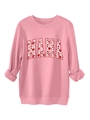 Detail of pink MAMA sweatshirt showing heart pattern lettering and ribbed cuffs - Peach