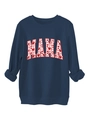 Close-up of Navy Blue Mama sweatshirt featuring colorful heart patterns and ribbed cuffs - Navy Blue