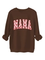 Detail of the MAMA lettering with red and pink heart patterns on dark brown sweatshirt - Coffee