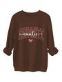 Detail view of coffee brown auntie sweatshirt with heart print and soft knit texture - Coffee