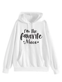 Close-up of the black I'm The Favorite Niece text and heart graphics on the white hoodie - White