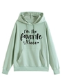 Close-up of mint green hoodie featuring black I'm The favorite Niece print and heart icons - S / Light Green