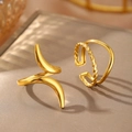 Minimalistische 18K vergulde roestvrijstalen verstelbare ring en ear cuff set - 18K Verguld Dubbele Laag Gedraaid en Hoorn Open Ring Set (C7147) / Goud