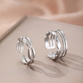 Polished silver stainless steel oval rings with shell texture and triple-layer design - Silver Shell Texture Layered Style (C9318)