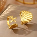 Adjustable matte gold ring featuring starfish and seashell nautical motifs - Gold Starfish Shell Open Ring (C9839)
