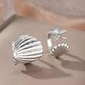 Starfish and seashell silver metal rings set for beach vacation style jewelry - Silver Starfish Shell Open Ring (C9840)