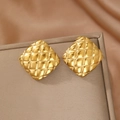 Elegant gold square stud earrings with quilted pattern and luxury metallic finish - Gold Quilted Square (F1741)
