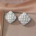 Elegant silver square quilted stud earrings with polished lava metal texture for women - Silver Quilted Square (F1742)