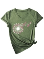Détail du t-shirt col en V vert olive avec imprimé pissenlit cœur et nœud latéral - Vert Olive (Imprimé Blanc)