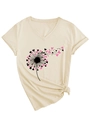 Detail of V-neck T-shirt showing dandelion heart print and knotted hem detail - S / Sand (Black Graphic)