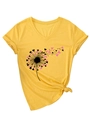 Detail view of yellow V-neck T-shirt with heart dandelion print and rolled sleeves - S / Yellow (Black Graphic)