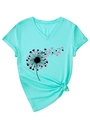 Detail of V-neck short sleeve t-shirt in bright turquoise with heart dandelion print - S / Deep Water Blue (Black Graphic)