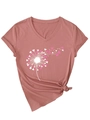 Détail du t-shirt col en V vieux rose avec imprimé pissenlit cœur et nœud latéral - Or Rose (Graphique Blanc)