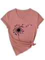 Détail du t-shirt rose à col en V avec imprimé pissenlit et nœud sur le côté - Or Rose (Graphique Noir)