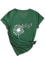 Détail du t-shirt col V avec motif pissenlit cœur et ourlet noué très élégant - Vert Rétro (Graphique Blanc)