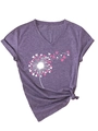 Détail de l'imprimé pissenlit cœur sur T-shirt violet à col en V avec ourlet noué à la base - Violet (Graphique Blanc)