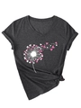 Détail du t-shirt col en V gris foncé avec imprimé pissenlit cœur et nœud latéral - Gris Chiné Noir (Graphique Blanc)